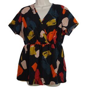 Shein Curve Women Size OXL 12 Black Abstract V-Neck Top Elastic Waist  Short Slv